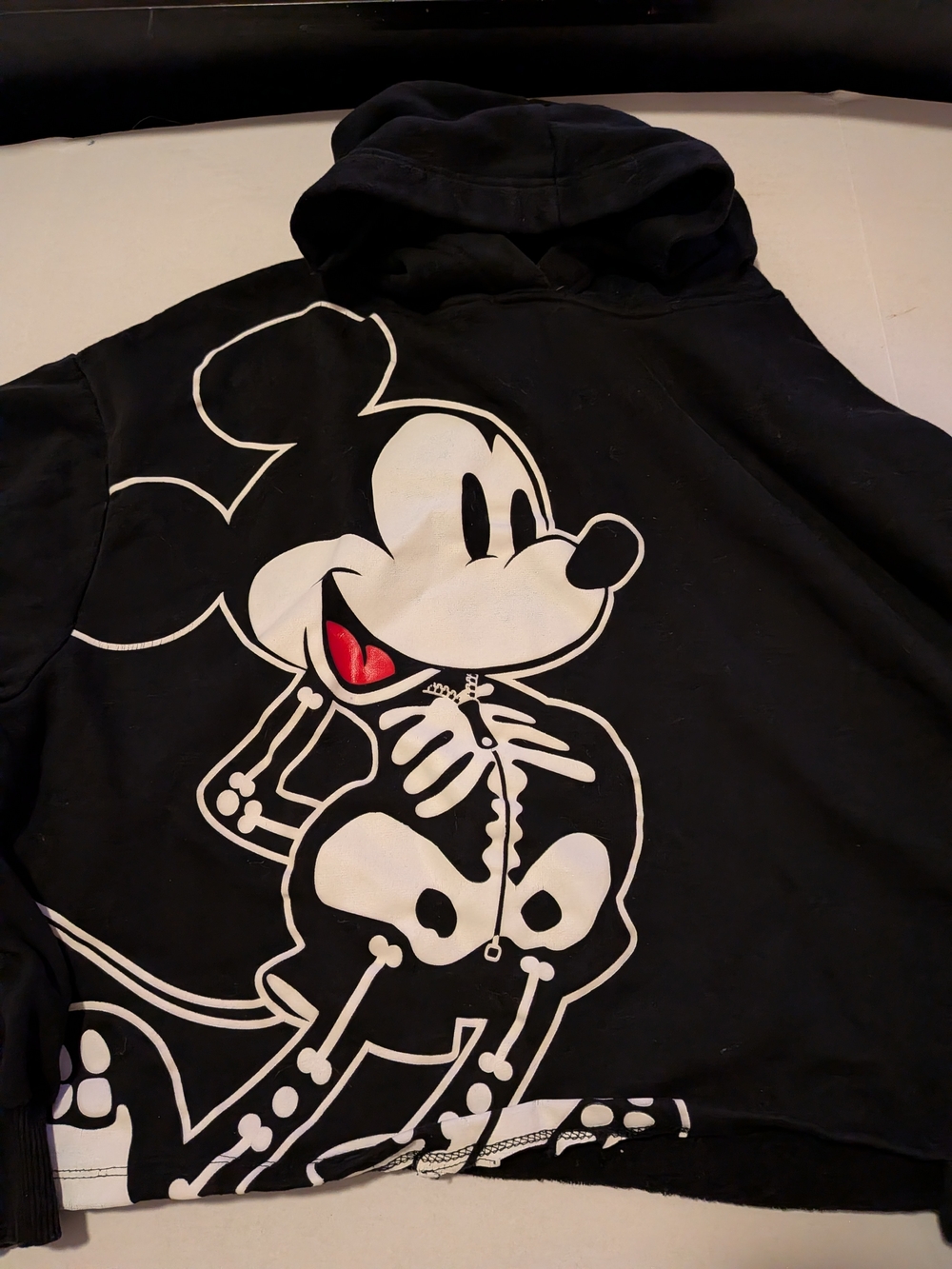 Mickey Mouse Skeleton Graphic Cropped Hoodie - Black & White with Red Accent
